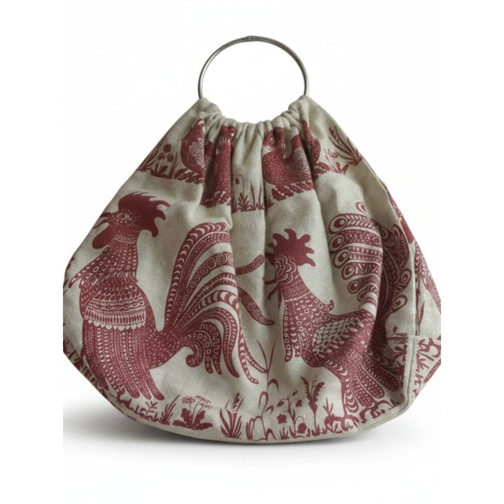 Vintage Rooster Bird Tapestry Ring Handle Bag Removable Cream Red Large - Picture 7 of 16